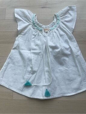 Almirah White Girls' Flutter Sleeve Top with Aqua Trim